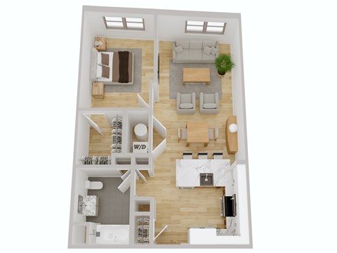 Floor plan for 1 bed, 1 bath, 678 sqft